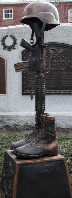 Bronze War Memorial With Rifle Helmet Boots on Pedestal outdoor statue