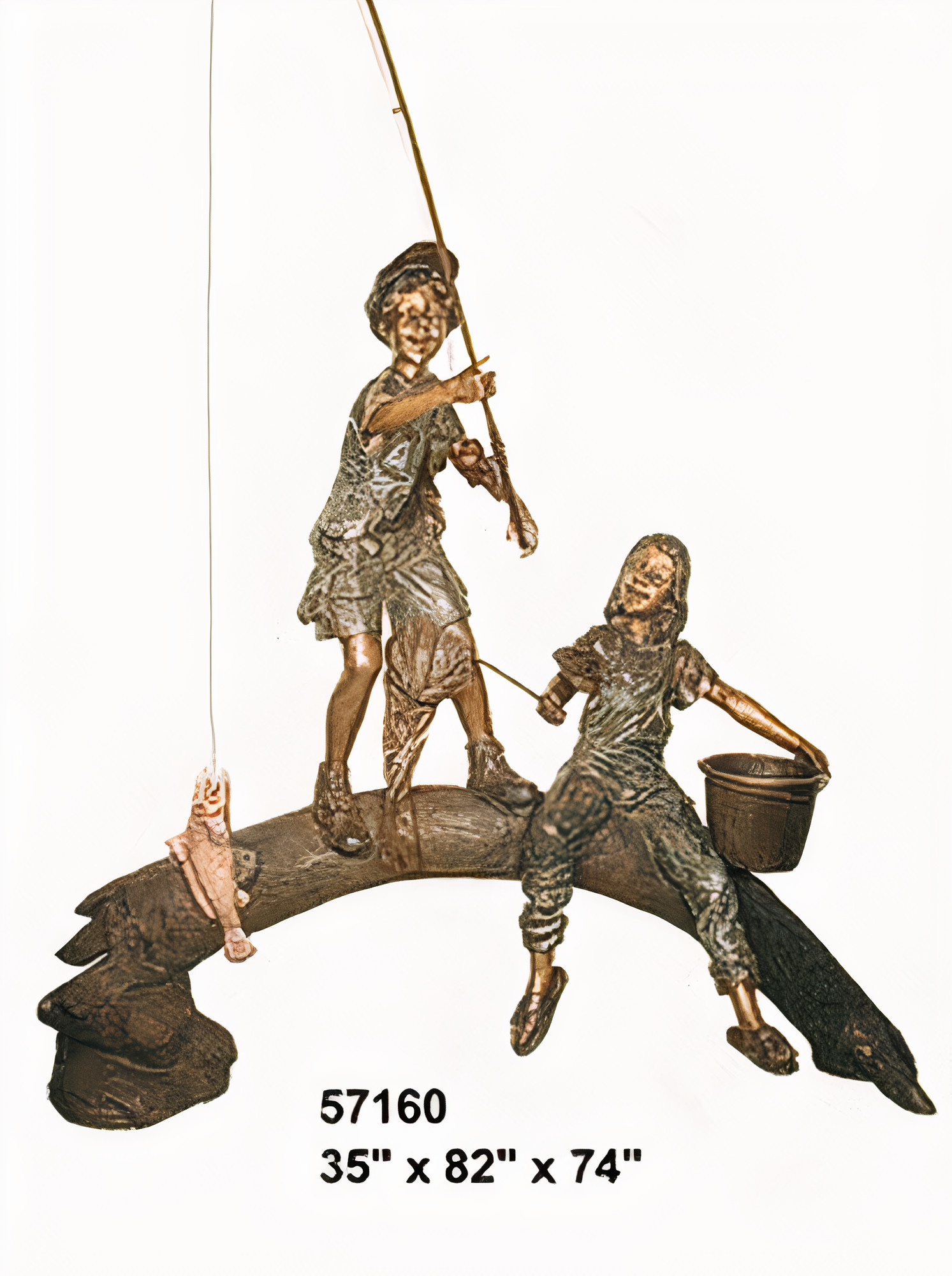 Bronze sculpture of a boy and girl fishing, perfect yard decor for gardens or outdoor spaces.