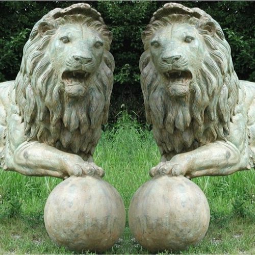 Bronze Standing pair of Lions with a ball